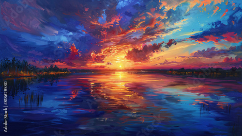 A vibrant oil painting of a sunset over a tranquil lake on canvas  with warm colors reflecting off the water