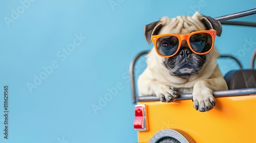 Funny pug dog with sunglasses in toy car on light blue background