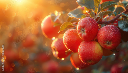 Red apples on a tree in sunset light, close up. Backlit. Apple orchard. Created with Ai