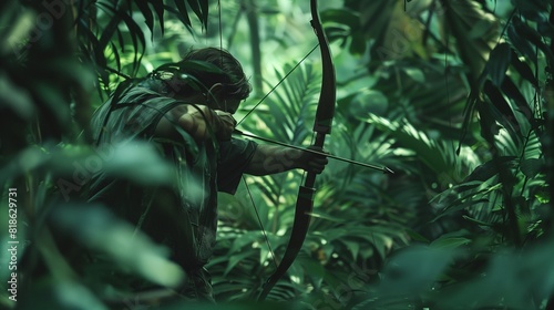 A hunter stalking through dense foliage, bow at the ready, eyes keen for prey.