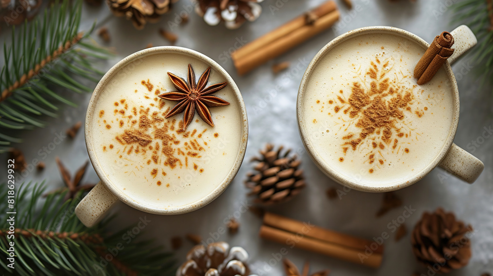 The warmth of winter hot drinks with a texture flat lay photography top view The warmth of winter hot drinks with a texture flat lay photography top view