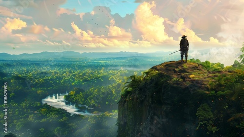 A hunter standing at the edge of a precipice, overlooking a vast expanse of jungle below, their destination still far off in the distance. photo