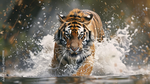 A tiger is running through a river, splashing water photo