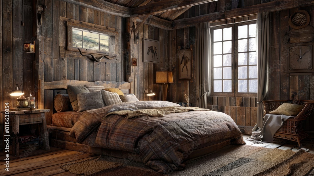 Rustic bedroom interior. With lots of old wood effect furniture and furnishings. Generative AI Rustic bedroom interior. With lots of old wood effect furniture and furnishings. Generative AI