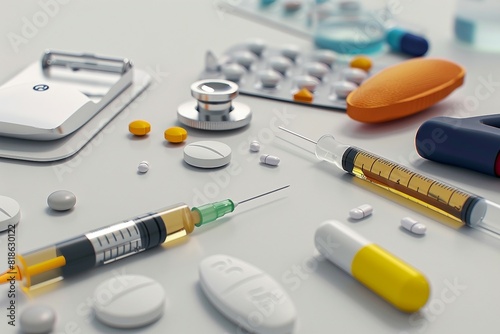 a table topped with medical supplies and pills