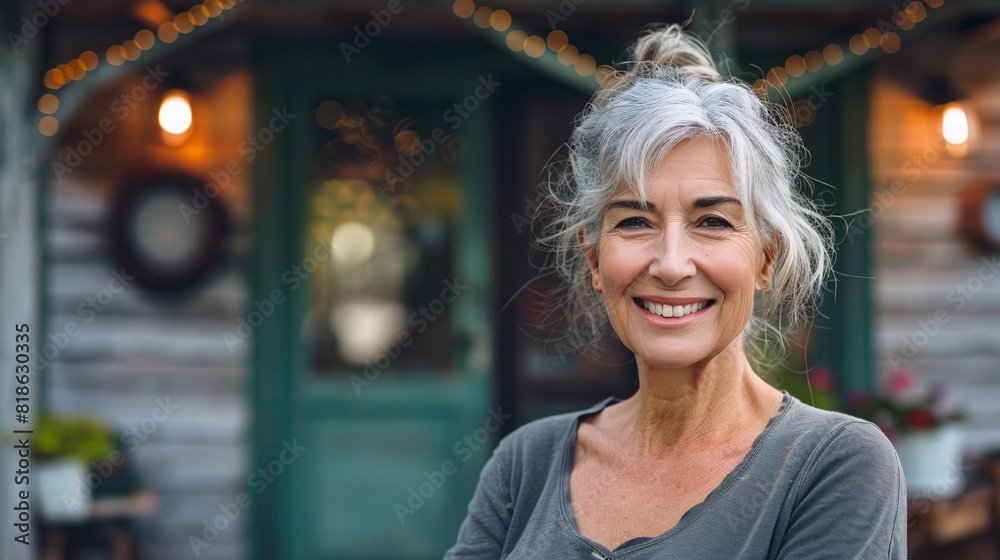 Image of content elderly lady posing in front of her residence. Image of content elderly lady posing in front of her residence.