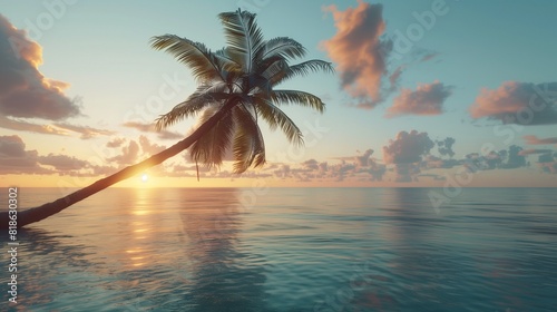A lone palm tree leaning out over the water  its fronds swaying gently in the sea breeze as the sun sets behind it.