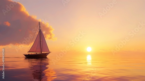 A lone sailboat drifting lazily on calm waters, with the golden glow of sunset painting the sky above. © Eric