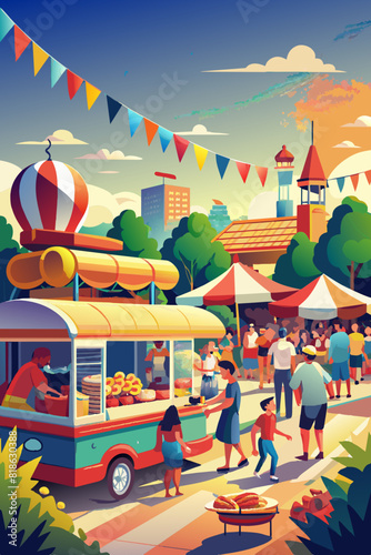 Vibrant Outdoor Food Festival Scene with Colorful Stalls and Visitors. Vector illustration of National Hot Dog Day