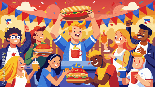 Joyful Friends at a Vibrant Outdoor Food Festival Celebration. Vector illustration of National Hot Dog Day