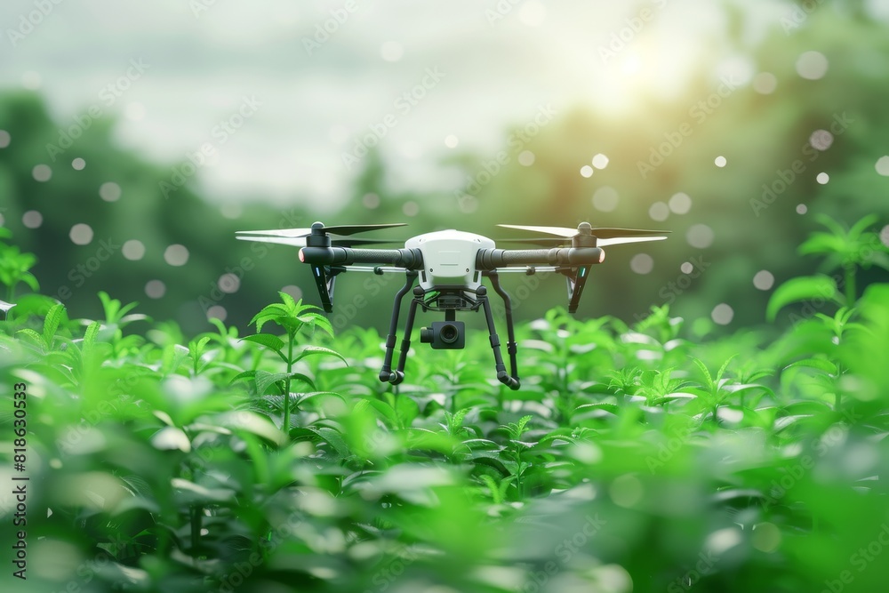 Automated farming with remote control drones for eco friendly agriculture, plant health monitoring, and modern field technology in digital farming.