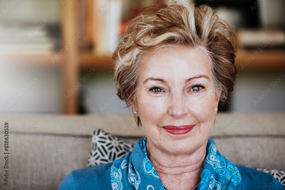 Senior woman, home and couch in portrait for relax with retirement, beauty glow with cosmetics. Female person, living room and sofa with smile for wellness, makeup and aesthetics for pensioner Senior woman, home and couch in portrait for relax with retirement, beauty glow with cosmetics. Female person, living room and sofa with smile for wellness, makeup and aesthetics for pensioner