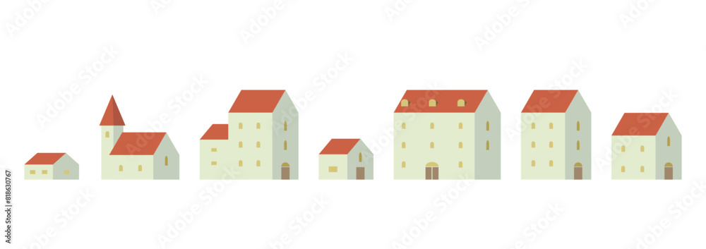 Simple and cute illustration of village houses flat vector isolated on white background. Simple and cute illustration of village houses flat vector isolated on white background.