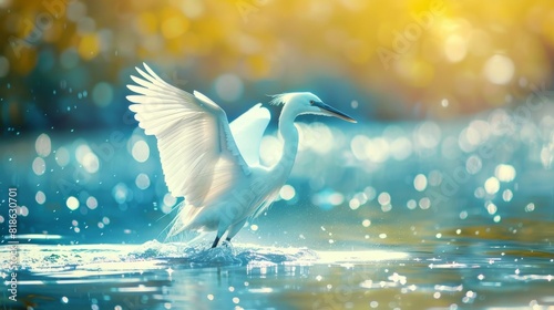 Cute water bird. Yellow blue nature background. photo