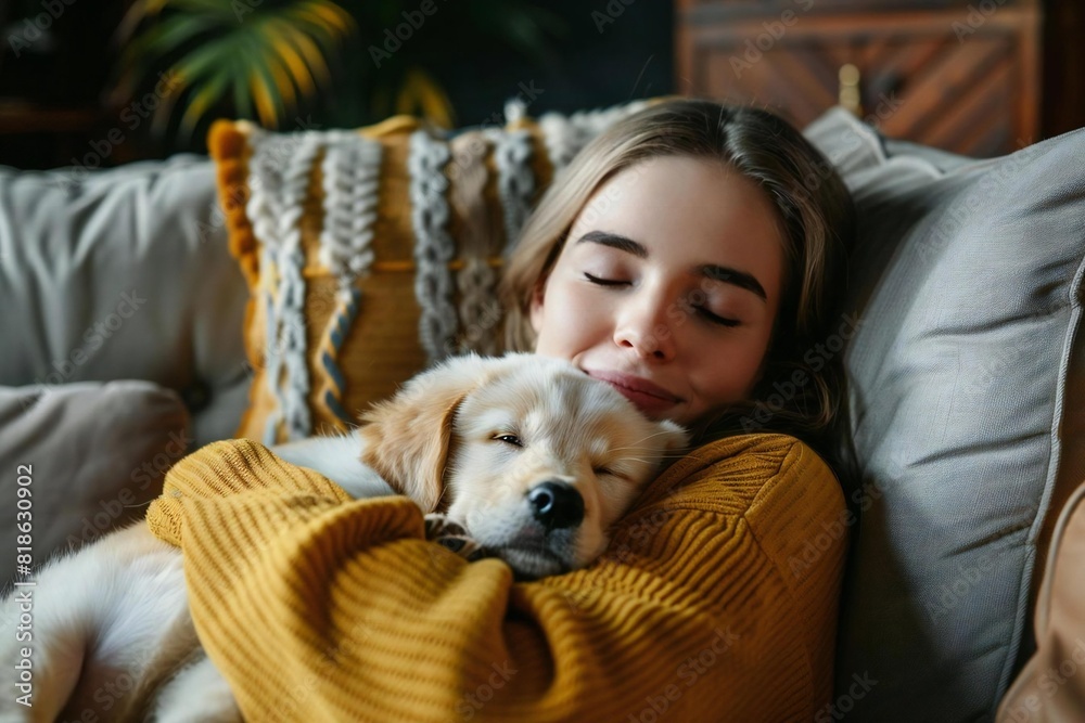 Young Caucasian Couple Finds Contentment at Home: Woman Relaxing on Couch with Puppy Young Caucasian Couple Finds Contentment at Home: Woman Relaxing on Couch with Puppy