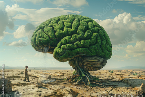 A surreal landscape with an oversized brain tree, symbolizing the mystery of mind and hypnosis in science fiction films. Created with Ai