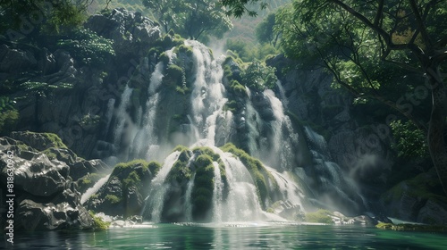 A majestic waterfall cascading down rugged cliffs into a crystal-clear pool below  surrounded by lush greenery.