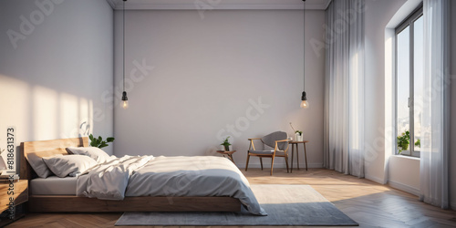 Modern Minimalistic Bedroom with Bed and Lamps. A simply furnished bedroom with a bed, two lamps on nightstands, and a window. photo