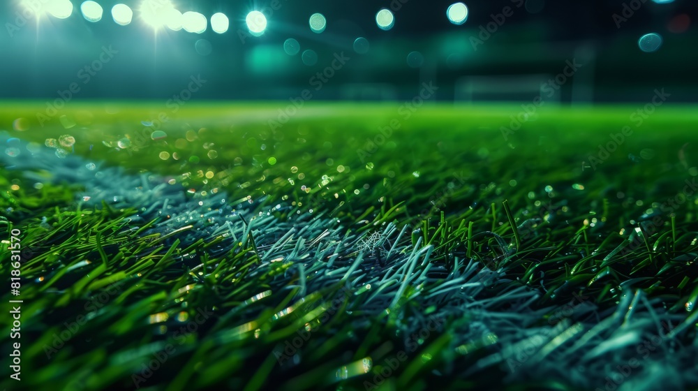 Close up soccer field lines. Background soccer pitch grass football stadium ground view. Grass macro in sports arena with lights background