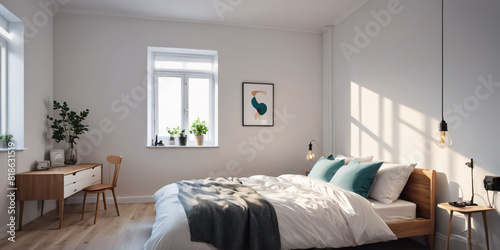 Modern Minimalistic Bedroom with Bed and Lamps. A simply furnished bedroom with a bed, two lamps on nightstands, and a window.