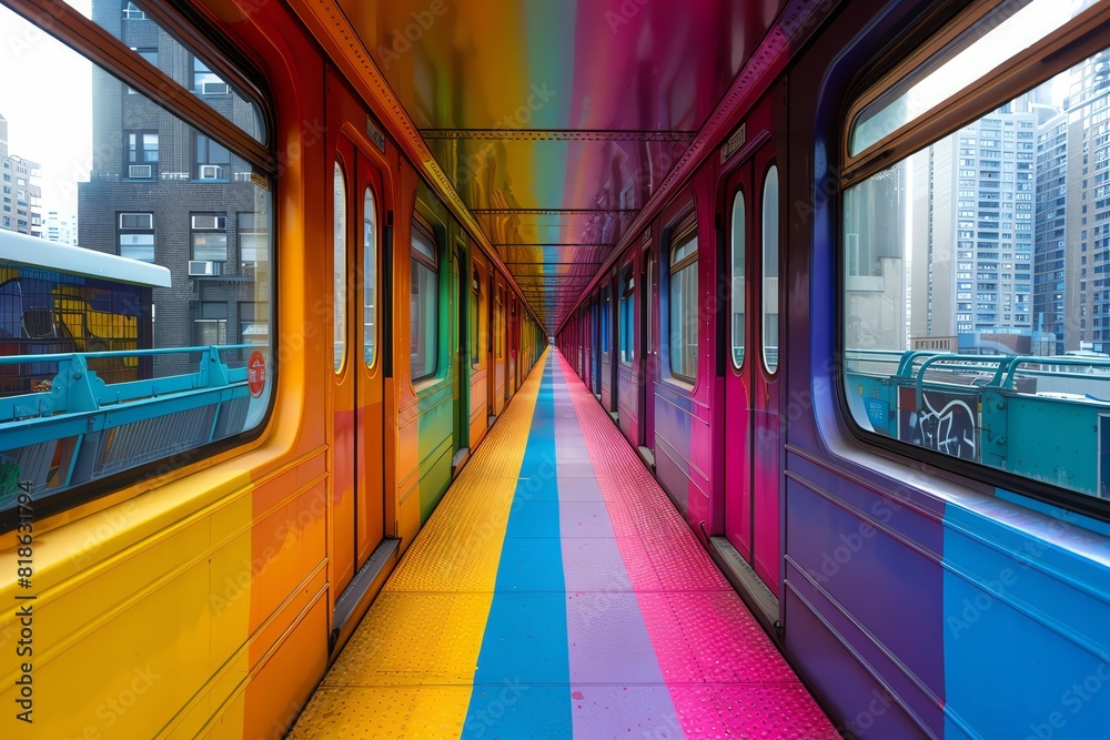Fototapeta premium Rainbow subway tunnel with city view