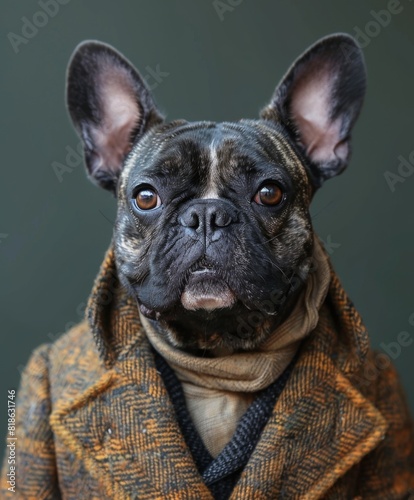  Sophisticated French Bulldog in Formal Attire Decorating Wall for Stylish Pet Party Invitation. Handsome, Smiling Canine Portrait with Copyspace for Custom Text.   © Da