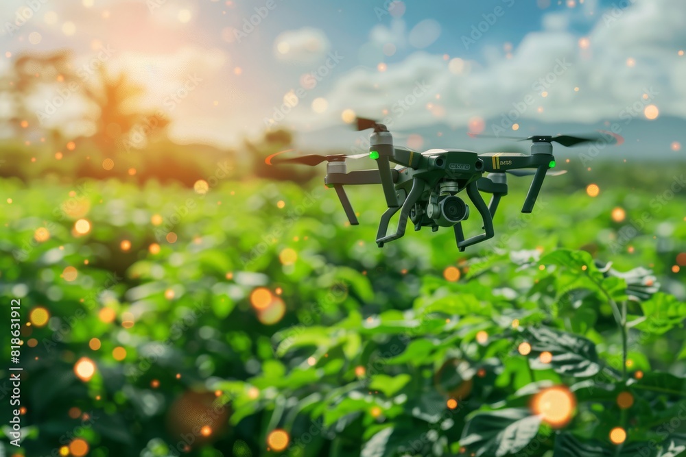 Isometric drone plant health crop vector tech multifunctional drone monitoring illustration smart small farm soil analysis unmanned drone technology data collection aerial precision agriculture.