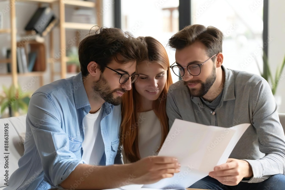 Obraz premium Young Caucasian Couple Carefully Examining Real Estate Contract for Investment Opportunities