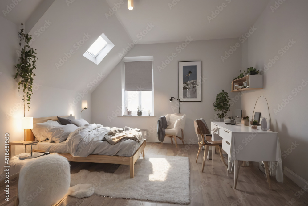 Fototapeta premium Modern Minimalistic Bedroom with Bed and Lamps. A simply furnished bedroom with a bed, two lamps on nightstands, and a window.