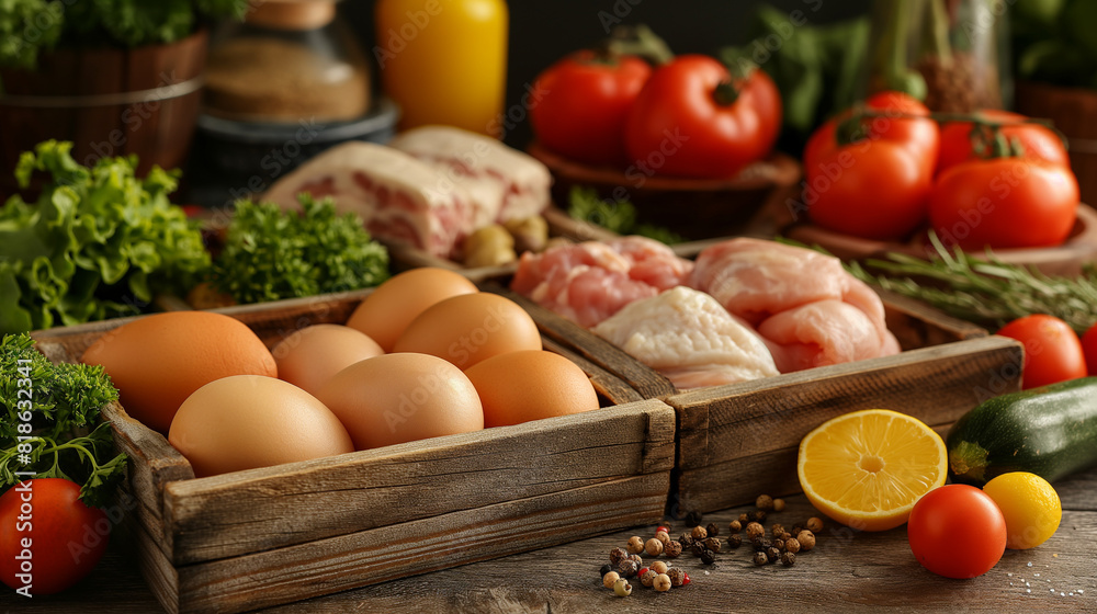 balanced diet, cooking, culinary and food concept - close up of vegetables, fruits and meat on wooden table. balanced diet, cooking, culinary and food concept - close up of vegetables, fruits and meat on wooden table.