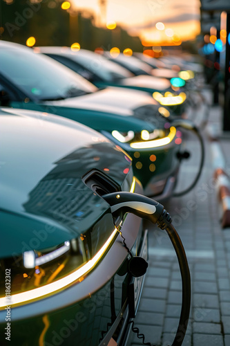 Cityscape with electric car charging stations, urban mobility solutions for electric vehicles.