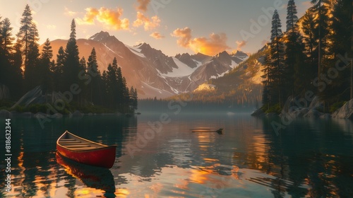 A peaceful mountain lake surrounded by pine trees, with a lone canoe gliding silently across the glassy surface as the sun sets behind the peaks. photo