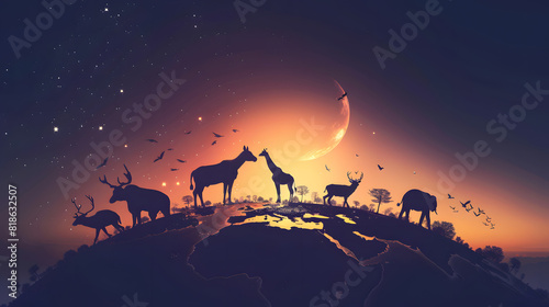A globe and silhouettes of trees and animals  photo