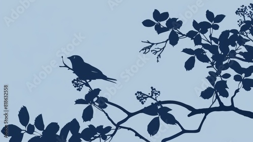 A simple and elegant line drawing of a bird sitting on a branch with leaves and berries. The image is in a silhouette style with a blue background. AIG51A.