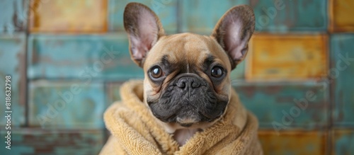 Relaxed French Bulldog in Cozy Bathrobe Decorating Wall for Inviting Pet Party Celebration. Charming  Smiling Canine Portrait with Copyspace for Custom Text.