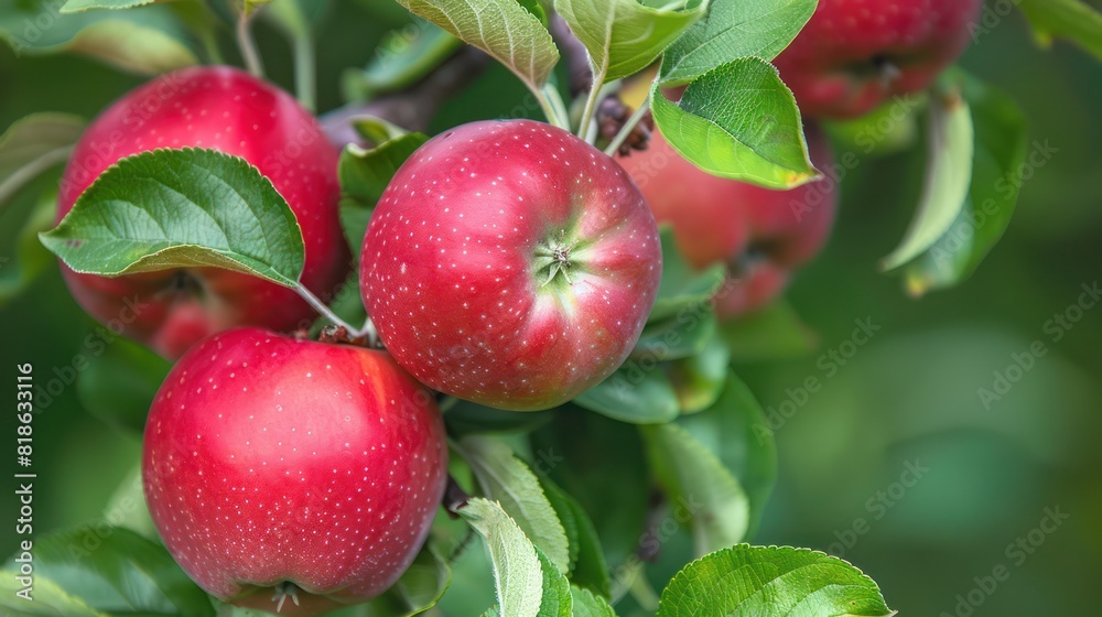 Obraz premium Fresh red apple fruit on organic farm tree branch close up view.