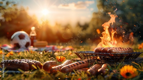 Picnic on a meadow with bratwurst on flaming grill and a soccer ball. Copy space image. Place for adding text photo