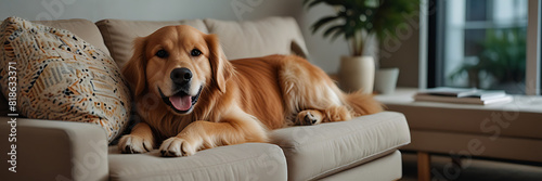 A Golden Retriever sitting on a sofa in the living room