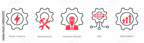 A set of 5 Industrial icons as power industry, maintenance, industrial worker