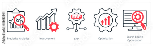 A set of 5 Industrial icons as predictive analytics, improvement, erp