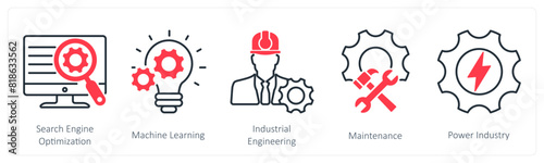 A set of 5 Industrial icons as search engine optimization, machine learning, industrial engineering