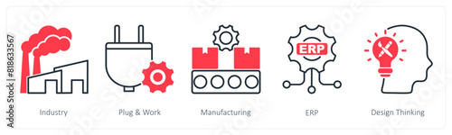 A set of 5 Industrial icons as industry, plug and work, manufacturing