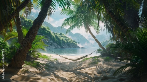 A secluded beach framed by lush palm trees  with a hammock strung between two sturdy trunks swaying gently in the breeze.