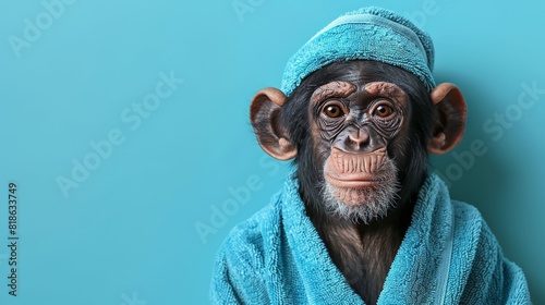 Playful Monkey in Cozy Bathrobe Decorating Wall for Fun Pet Party Invitation. Charming, Smiling Primate Portrait with Copyspace for Custom Text.

 photo