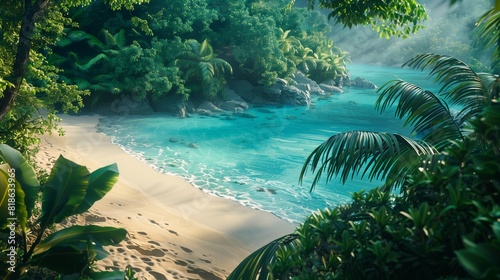 A secluded beach framed by lush vegetation  with clear turquoise waters lapping gently at the powdery white sand.