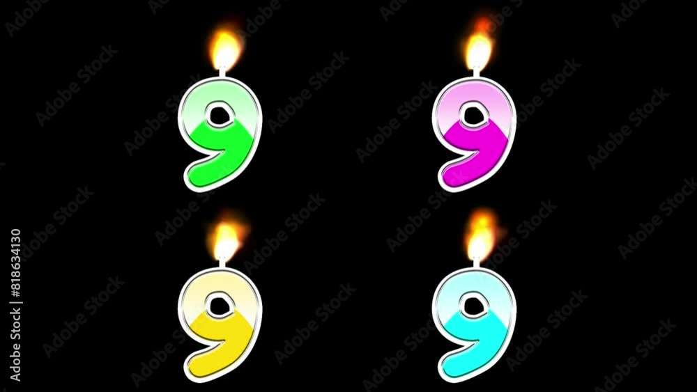 Colorful number 9 candle lights on plain black background