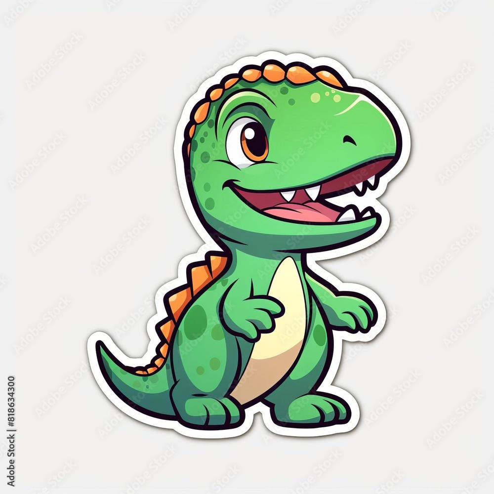 Cute cartoon dinosaur sticker featuring a smiling green T-Rex with orange scales, perfect for kids and dinosaur enthusiasts. Cute cartoon dinosaur sticker featuring a smiling green T-Rex with orange scales, perfect for kids and dinosaur enthusiasts.