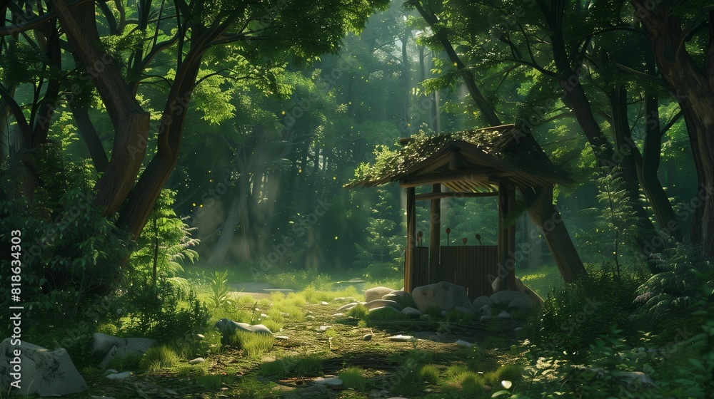 A serene forest glade with a hidden popsicle stand, offering a cool respite for weary travelers.