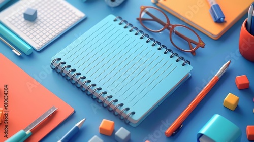 Conceive a cartoon rendering of writing pads in flat design, top view, focusing on a notetaking theme with triadic colors photo