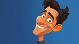 Smiling cartoon man with dark hair, exaggerated features, and a colorful background, perfect for animations and character designs.